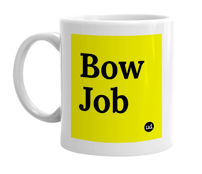 White mug with 'Bow Job' in bold black letters