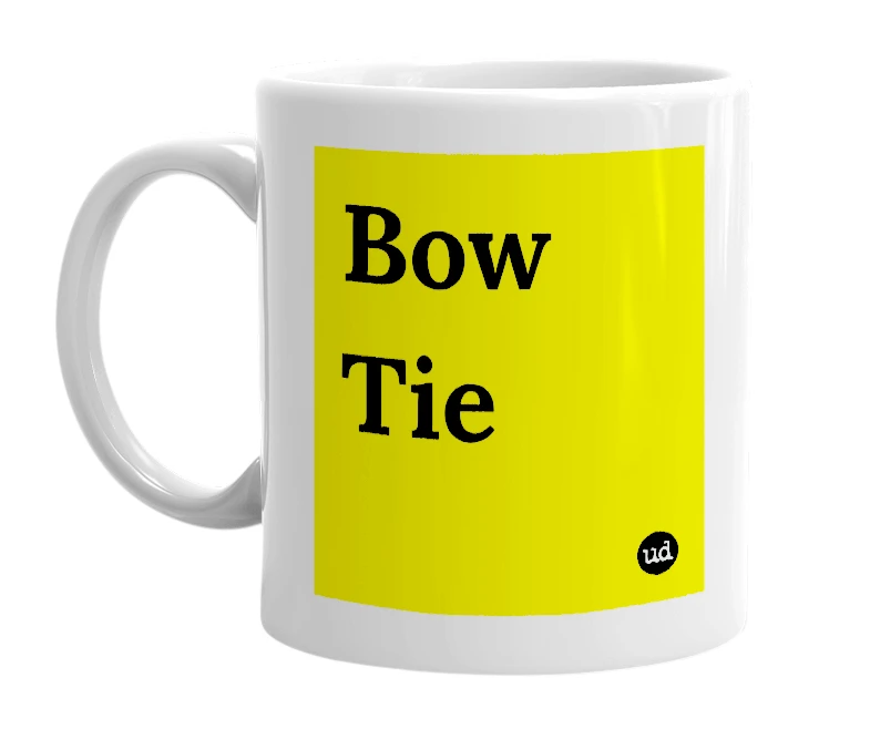 White mug with 'Bow Tie' in bold black letters