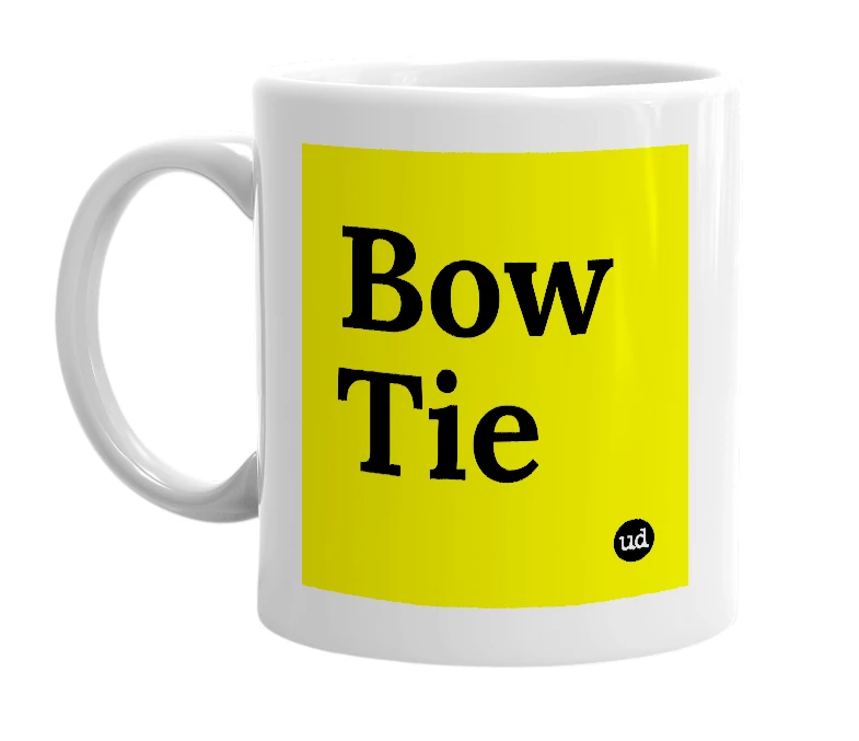 White mug with 'Bow Tie' in bold black letters