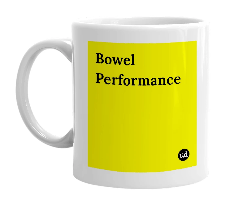 White mug with 'Bowel Performance' in bold black letters