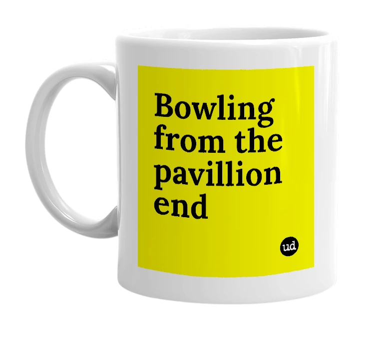 White mug with 'Bowling from the pavillion end' in bold black letters