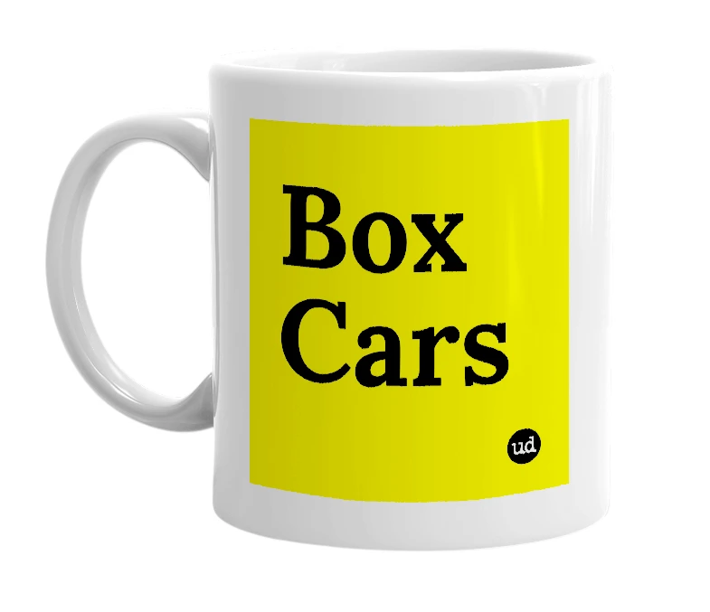 White mug with 'Box Cars' in bold black letters