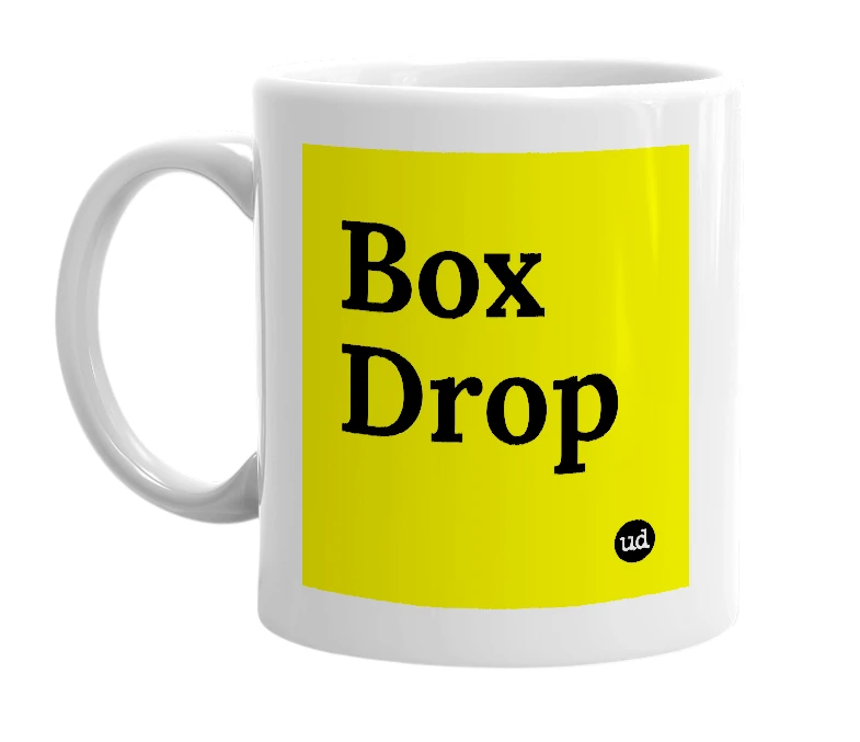 White mug with 'Box Drop' in bold black letters