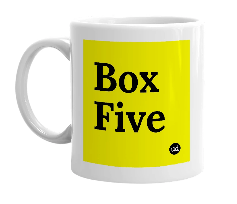 White mug with 'Box Five' in bold black letters