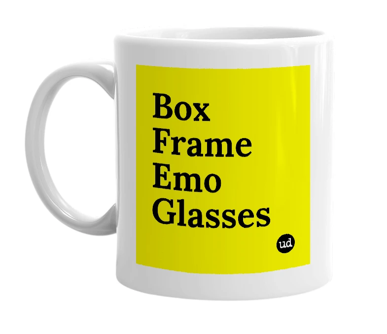 White mug with 'Box Frame Emo Glasses' in bold black letters