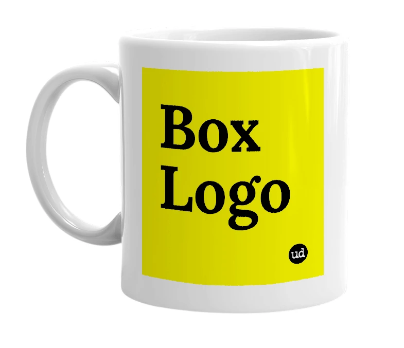 White mug with 'Box Logo' in bold black letters