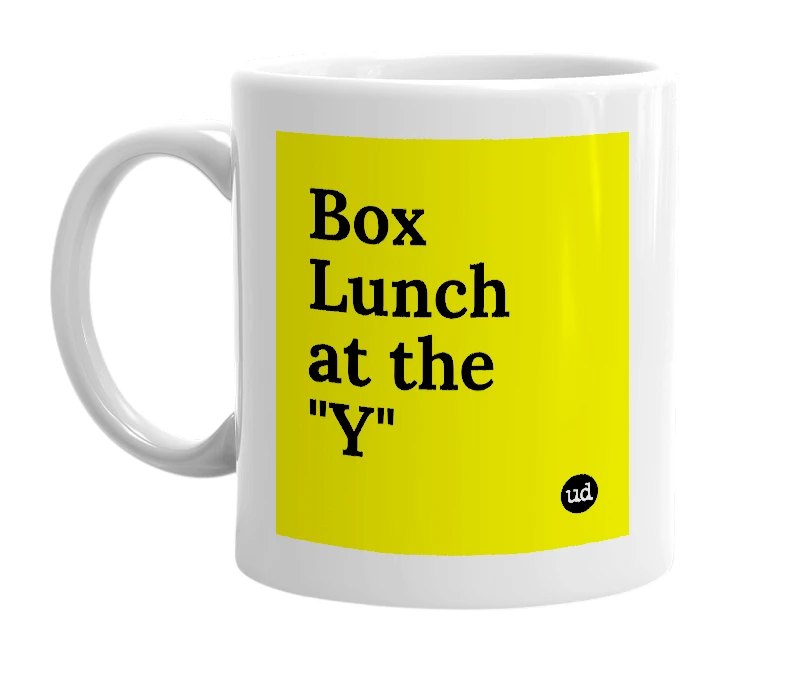 White mug with 'Box Lunch at the "Y"' in bold black letters