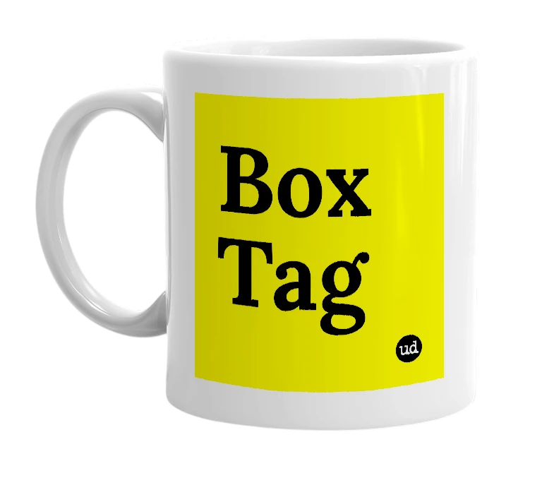 White mug with 'Box Tag' in bold black letters