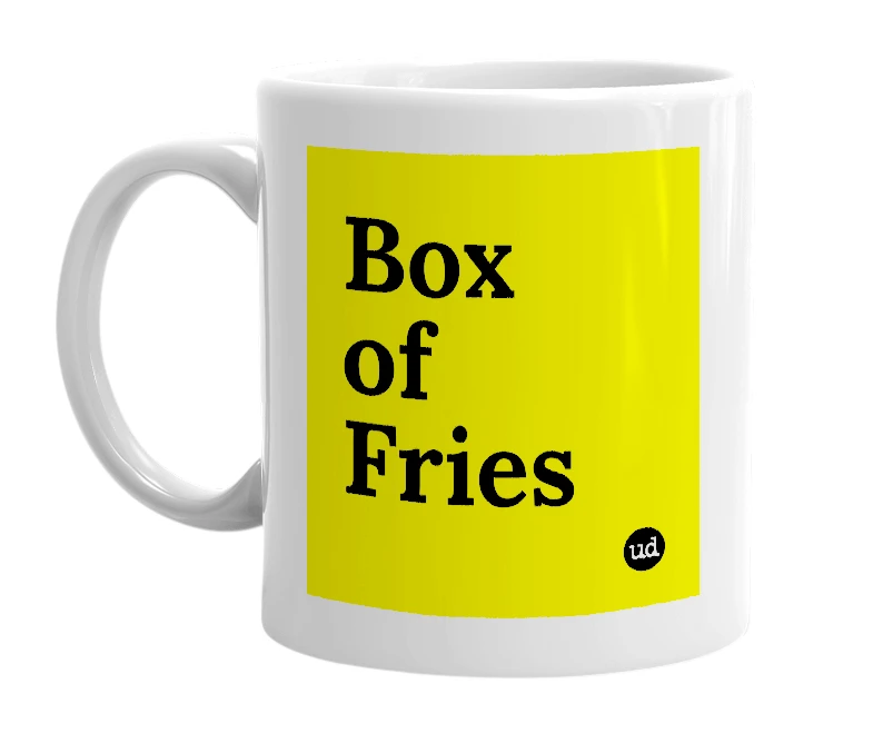White mug with 'Box of Fries' in bold black letters