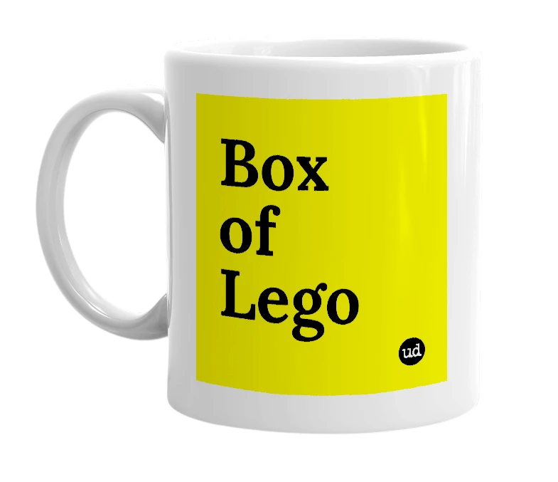White mug with 'Box of Lego' in bold black letters