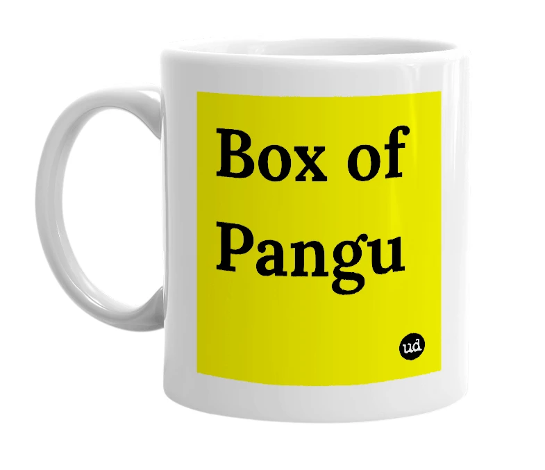 White mug with 'Box of Pangu' in bold black letters