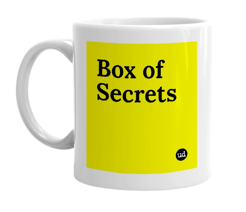 White mug with 'Box of Secrets' in bold black letters
