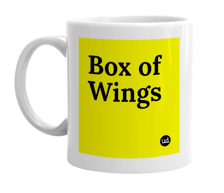 White mug with 'Box of Wings' in bold black letters