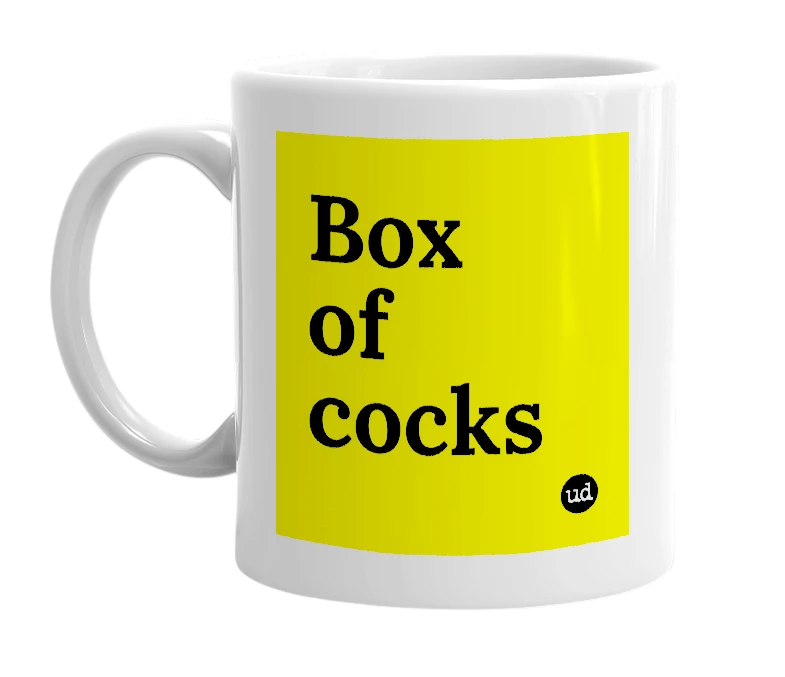 White mug with 'Box of cocks' in bold black letters