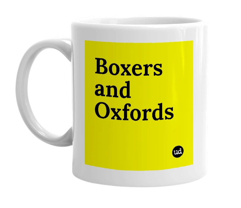 White mug with 'Boxers and Oxfords' in bold black letters