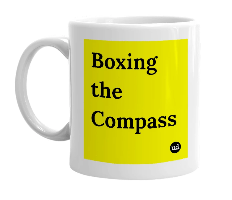 White mug with 'Boxing the Compass' in bold black letters