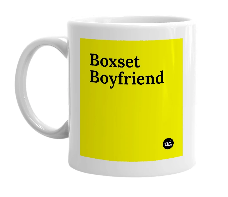White mug with 'Boxset Boyfriend' in bold black letters
