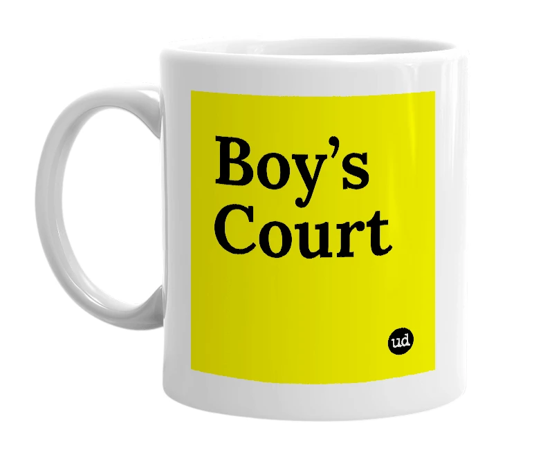 White mug with 'Boy’s Court' in bold black letters