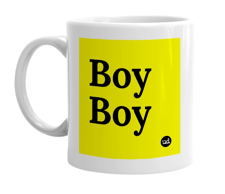 White mug with 'Boy Boy' in bold black letters