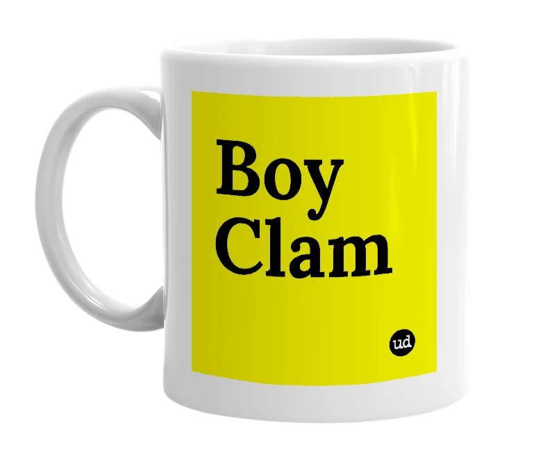 White mug with 'Boy Clam' in bold black letters