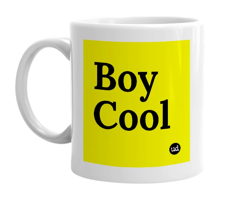 White mug with 'Boy Cool' in bold black letters