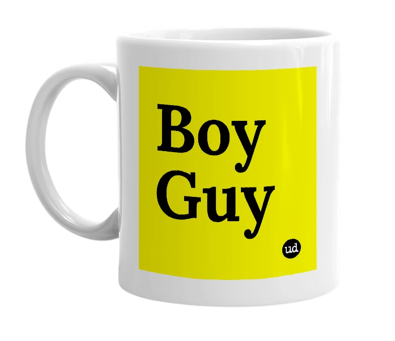 White mug with 'Boy Guy' in bold black letters