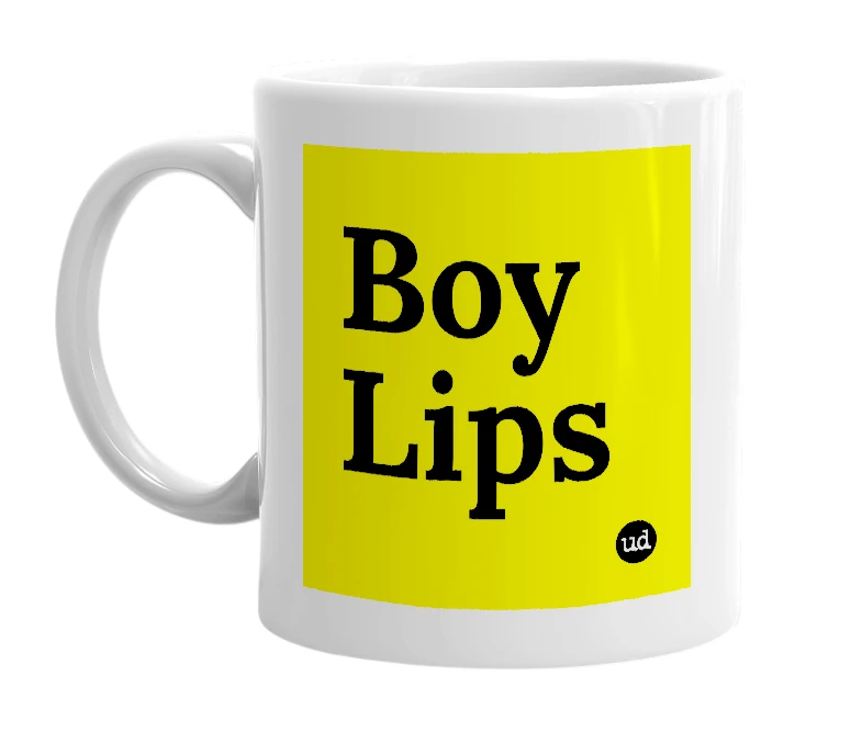 White mug with 'Boy Lips' in bold black letters