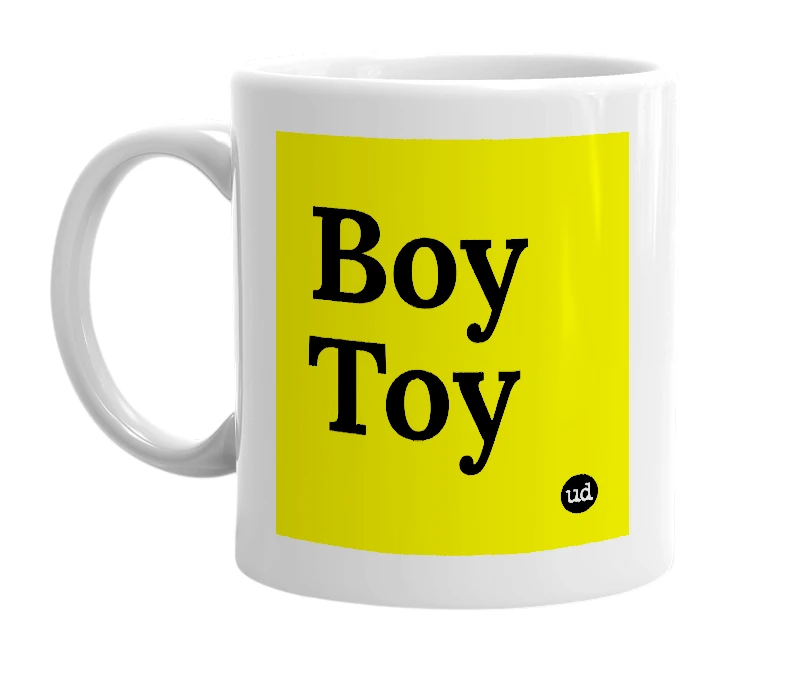 White mug with 'Boy Toy' in bold black letters