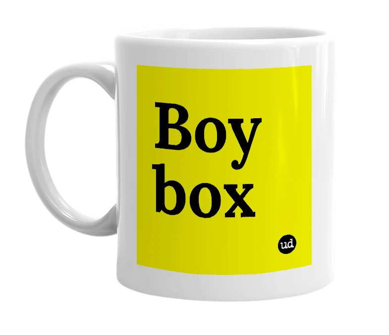 White mug with 'Boy box' in bold black letters