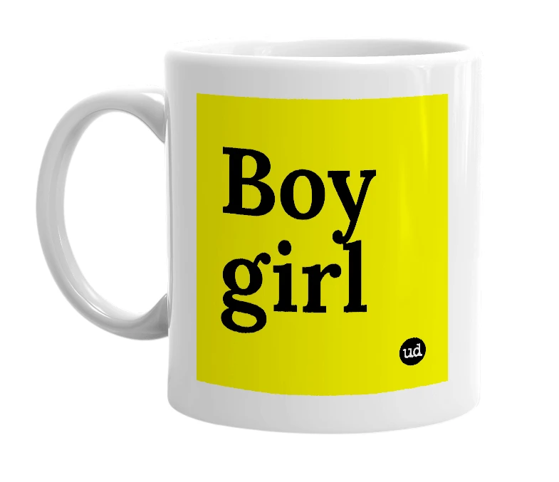 White mug with 'Boy girl' in bold black letters