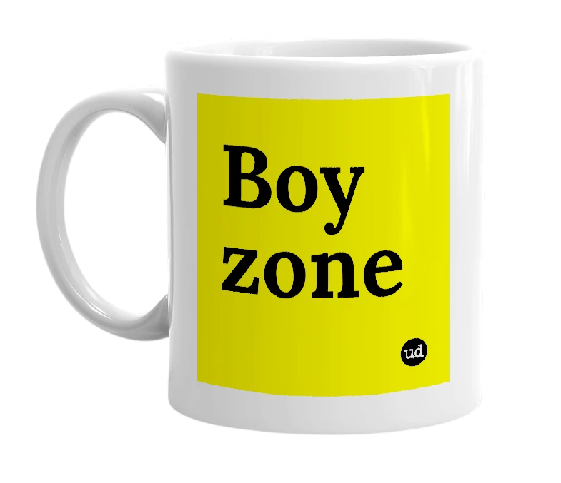 White mug with 'Boy zone' in bold black letters