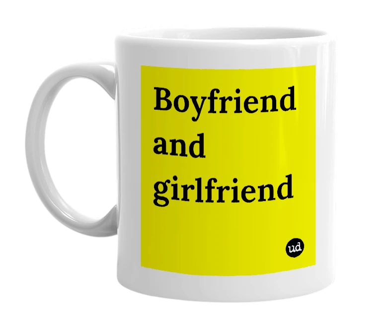 White mug with 'Boyfriend and girlfriend' in bold black letters