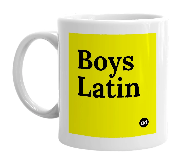 White mug with 'Boys Latin' in bold black letters