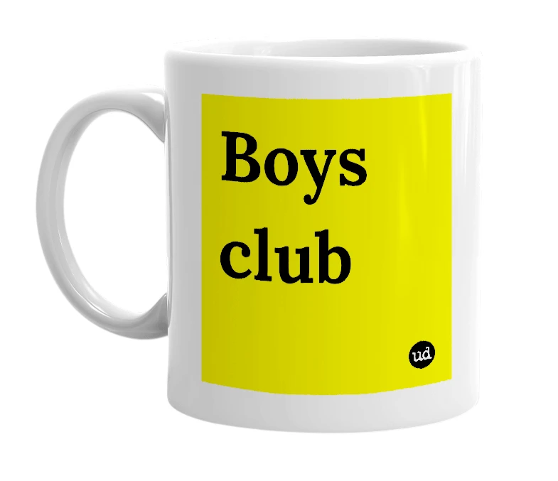 White mug with 'Boys club' in bold black letters