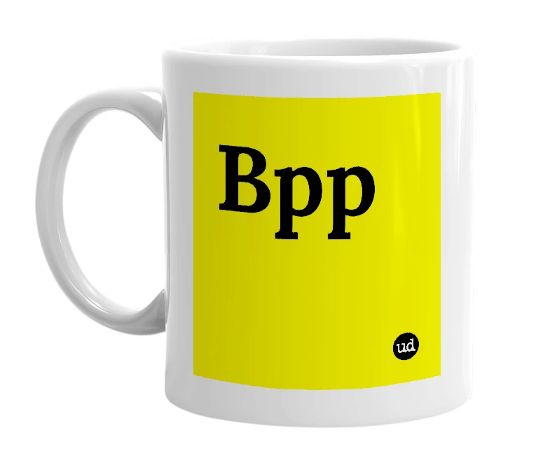 White mug with 'Bpp' in bold black letters