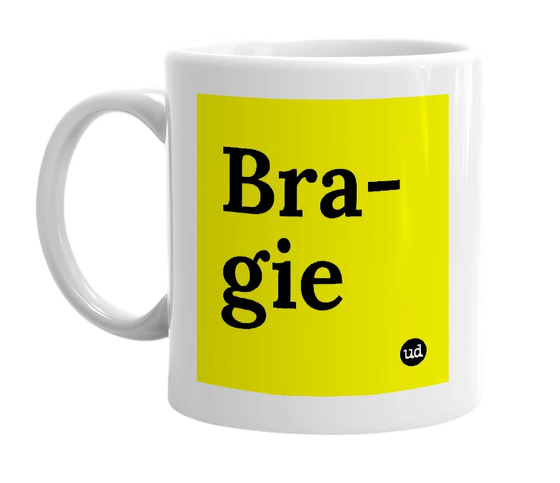 White mug with 'Bra-gie' in bold black letters