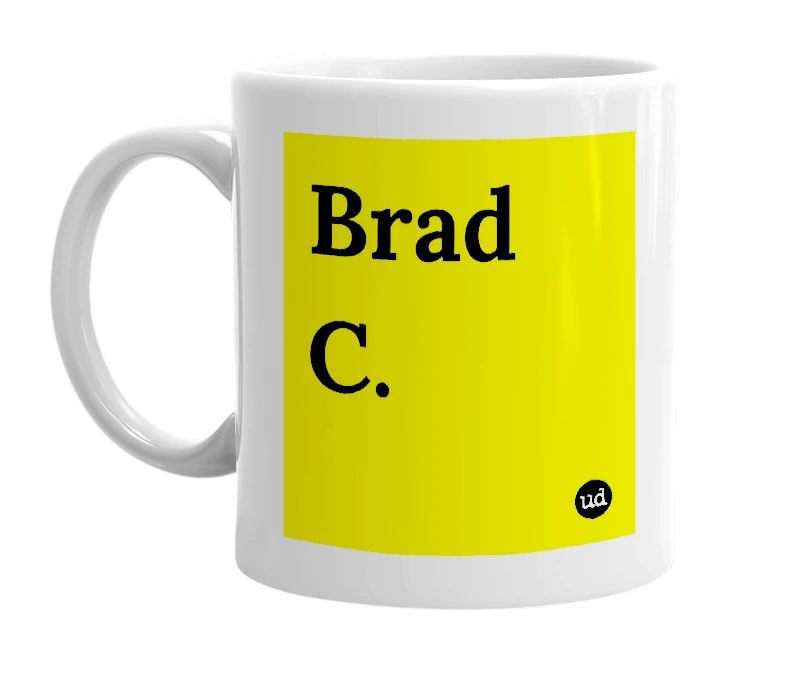 White mug with 'Brad C.' in bold black letters