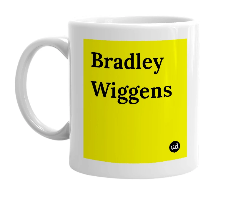 White mug with 'Bradley Wiggens' in bold black letters