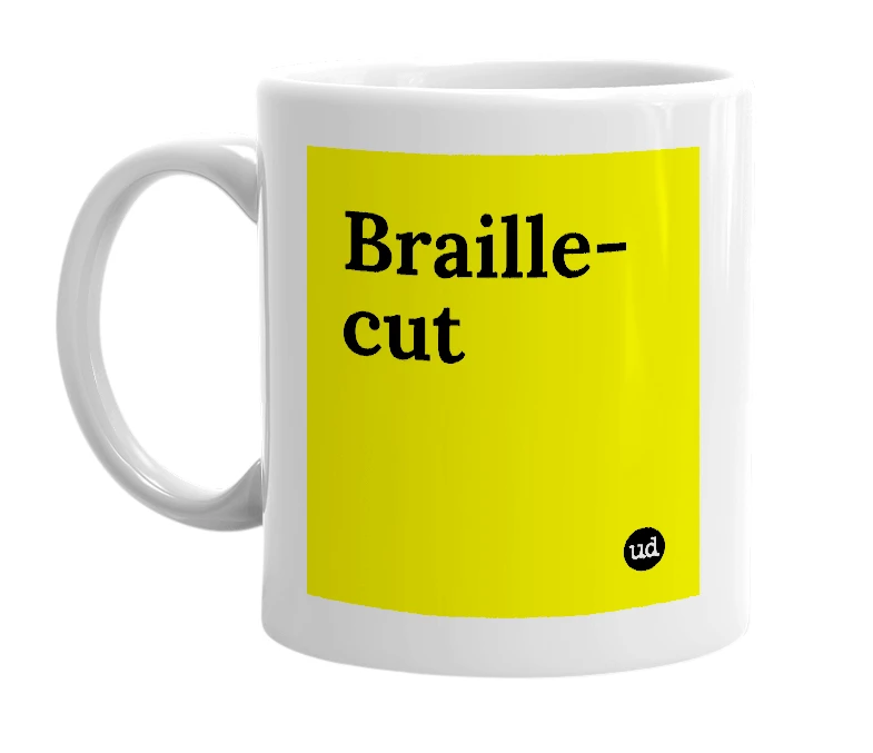 White mug with 'Braille-cut' in bold black letters
