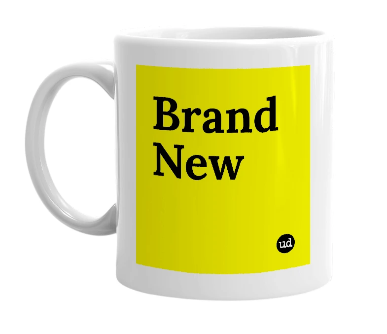 White mug with 'Brand New' in bold black letters