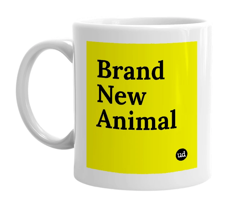 White mug with 'Brand New Animal' in bold black letters