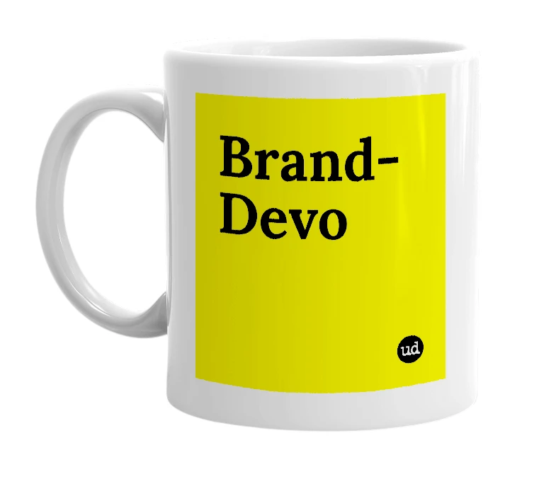 White mug with 'Brand-Devo' in bold black letters