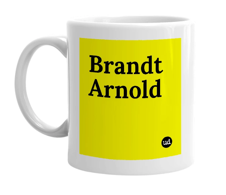 White mug with 'Brandt Arnold' in bold black letters