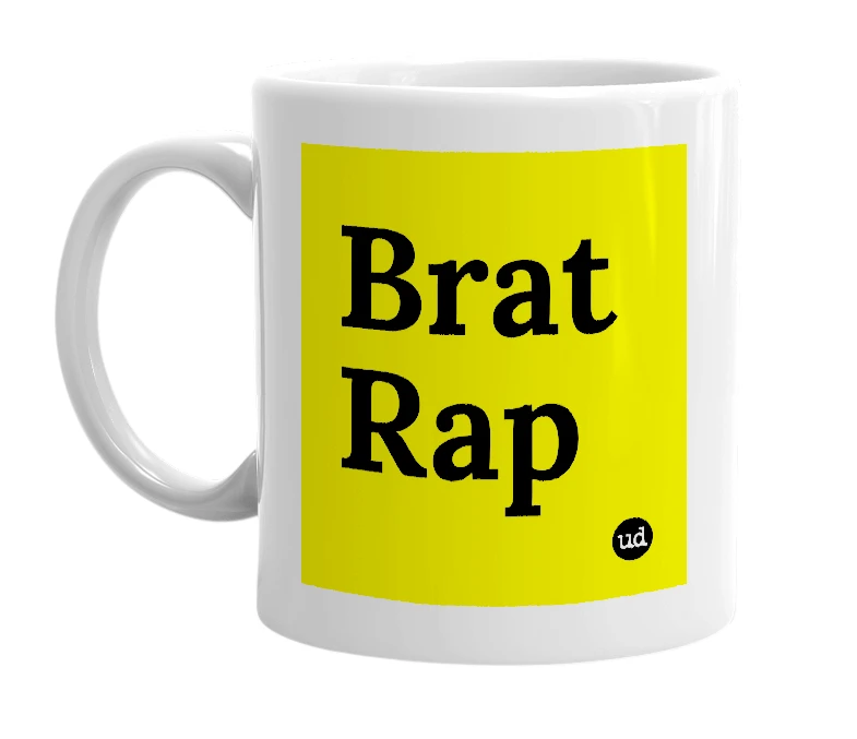 White mug with 'Brat Rap' in bold black letters