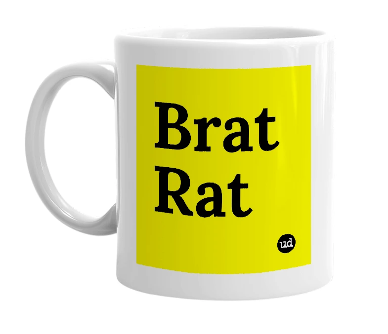 White mug with 'Brat Rat' in bold black letters