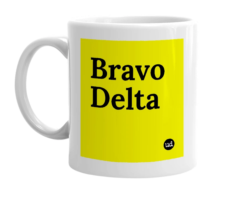 White mug with 'Bravo Delta' in bold black letters