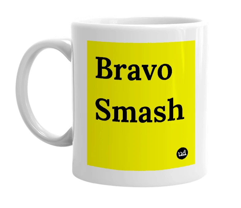 White mug with 'Bravo Smash' in bold black letters