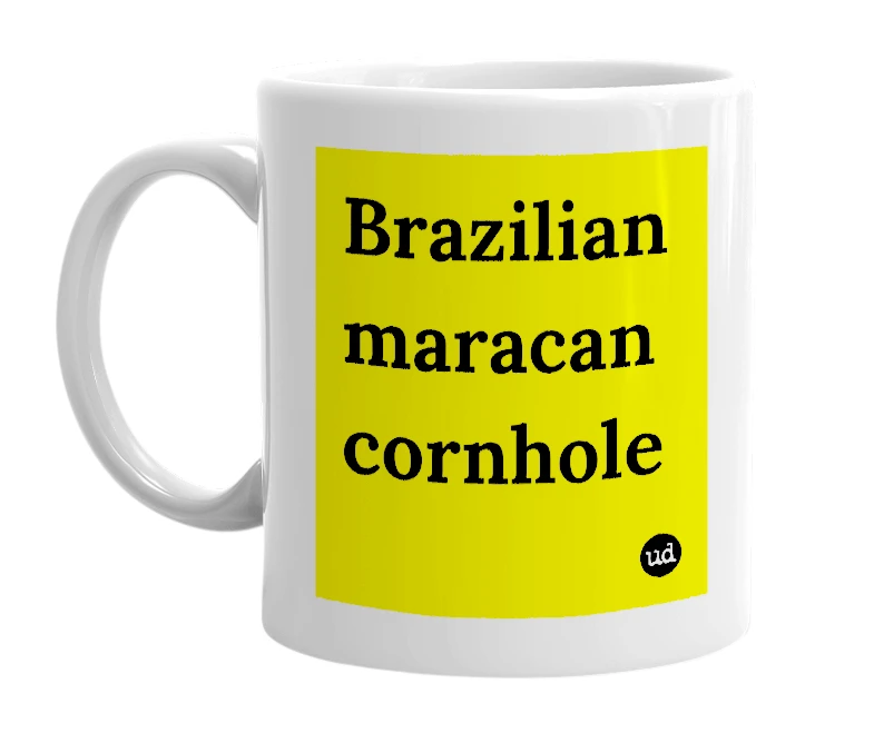 White mug with 'Brazilian maracan cornhole' in bold black letters