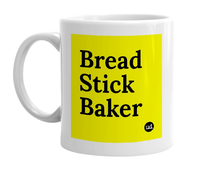 White mug with 'Bread Stick Baker' in bold black letters