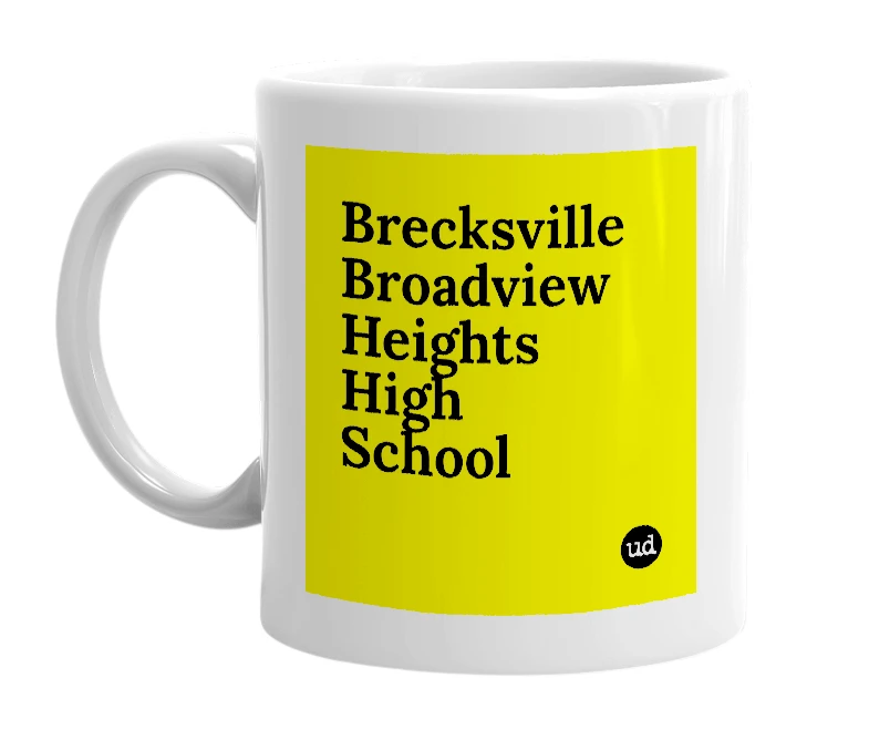 White mug with 'Brecksville Broadview Heights High School' in bold black letters